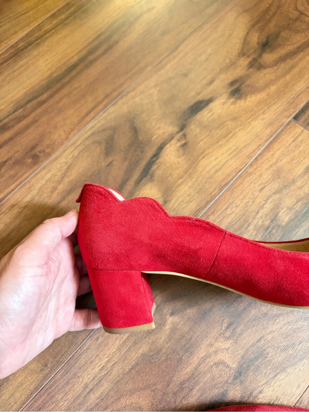 kate spade Red Scallop-Edge Suede Block Heels - Women's - Picture 4 of 5